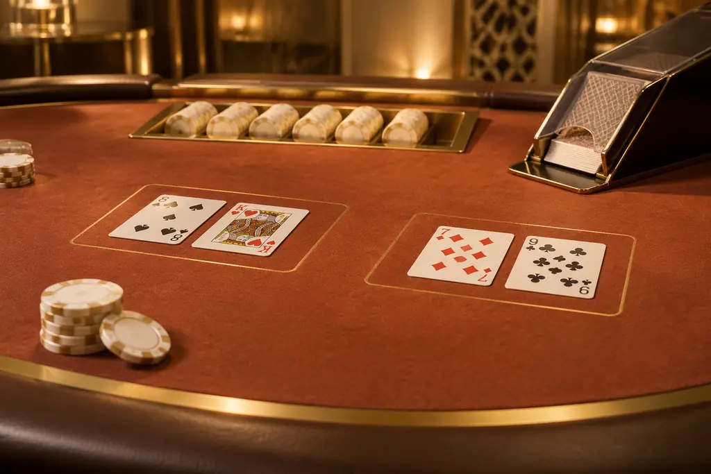 Ilustrasi meja baccarat dengan dua kelompok kartu