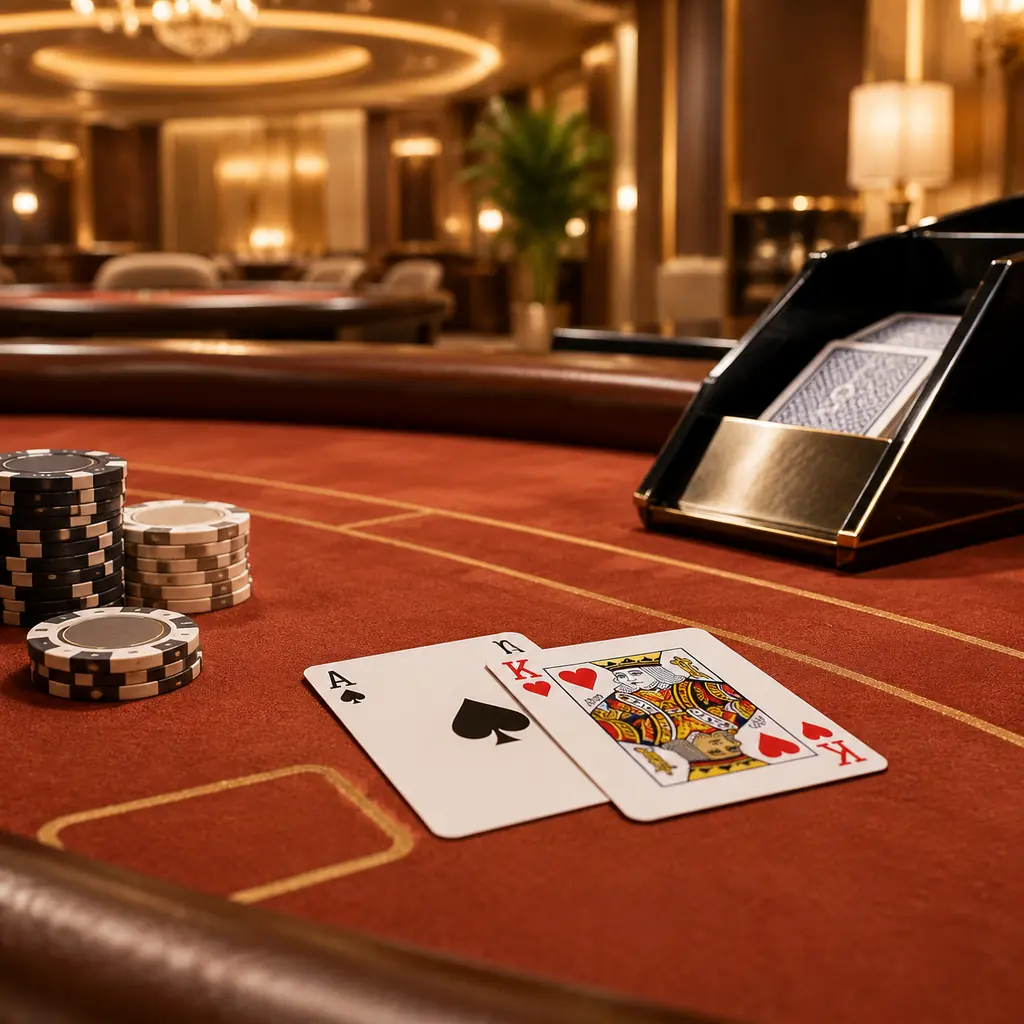 Ilustrasi kartu as dan kartu bergambar pada meja blackjack