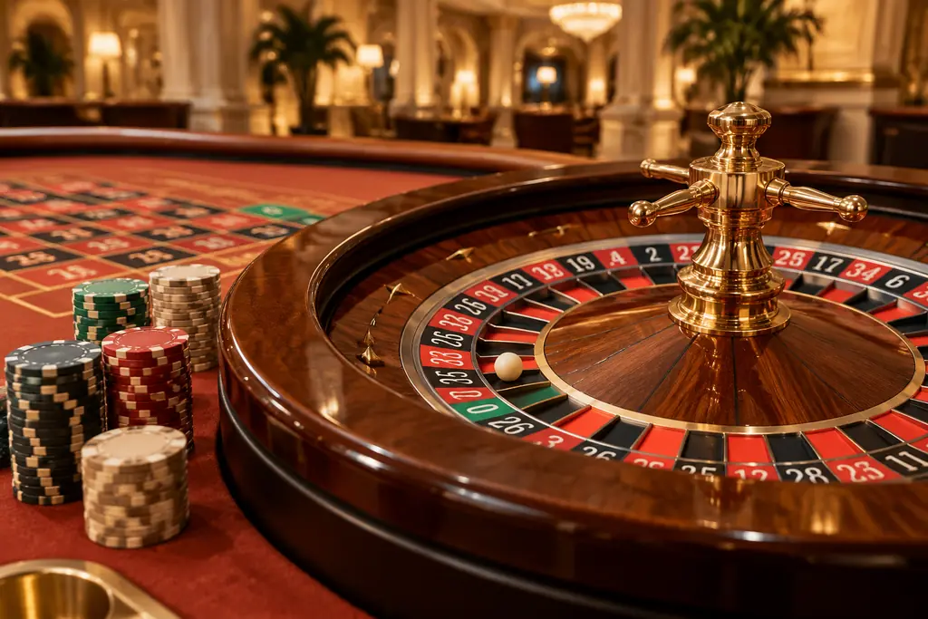 Ilustrasi roda roulette dan susunan keping di ruang kasino